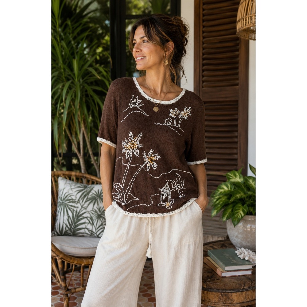 Alfred Dunner Tropical Embroidered Beaded Ramie Blend Sweater XL
